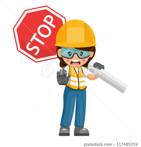 Annoyed industrial woman worker carrying stop sign. Construction worker with his personal protective equipment. Industrial safety and occupational health at work Annoyed industrial woman worker carrying stop sign. Construction worker with his personal protective equipment. Industrial safety and occupational health at work 117485259