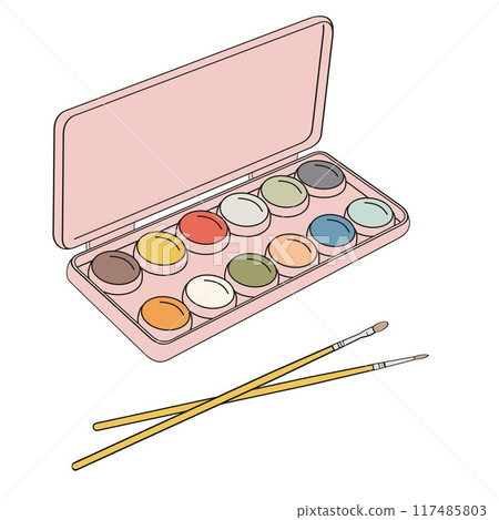 box of watercolor paints and brushes for watercolors 117485803