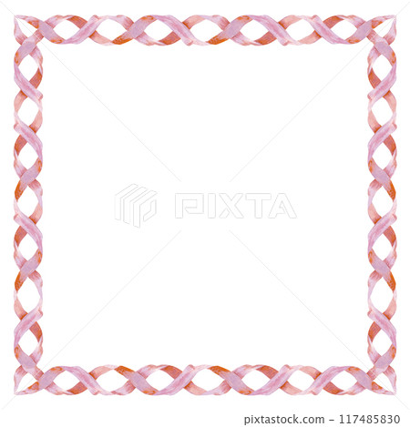 Vintage paper frame with ribbon banner for decorative texts. Watercolor illustration of a square frame isolated on a white background. Woven paper ornament with parchment texture in pastel pink color 117485830