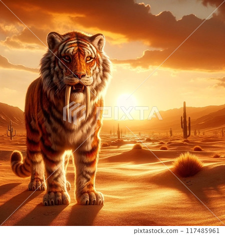 Tiger looking up at the sunset sky 117485961