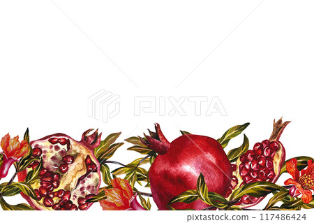 Pomegranate. A frame of fruits, flowers and pomegranate leaves on branches. A watercolor illustration made by hand. For labels and packages. For postcards, flyers and posters. 117486424