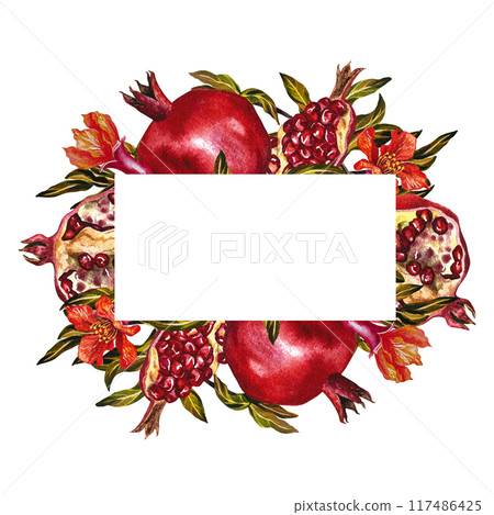 Pomegranate. A frame of fruits, flowers and pomegranate leaves on branches. A watercolor illustration made by hand. For labels and packages. For postcards, flyers and posters. 117486425