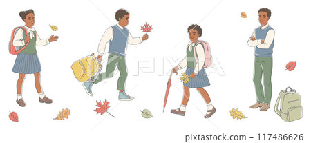 African American boys and girls of primary school age in school uniforms with school backpack  117486626