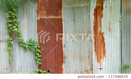 An image of corrugated zinc with rust patches, displaying the textured surface and weathered appearance. 117486650