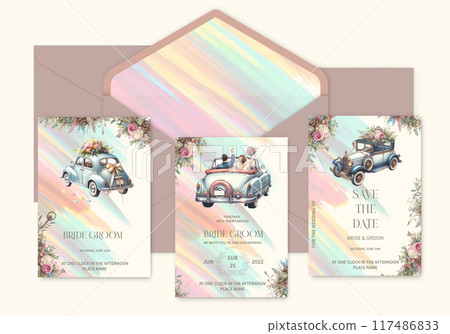 Set of elegant template wedding invitations with watercolor foliage decoration. Set of elegant template wedding invitations with watercolor foliage decoration. 117486833