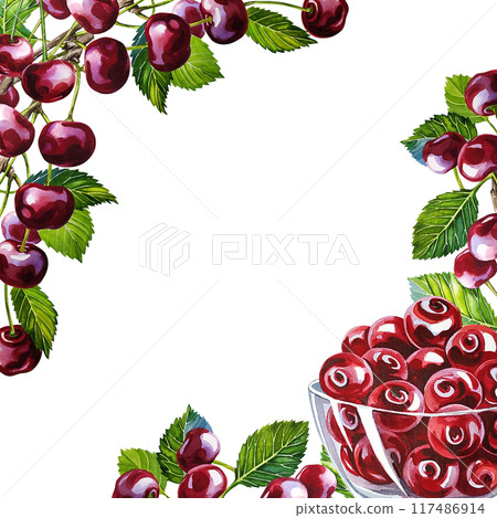 Cherry. A frame with ripe and juicy cherry fruits on a branch and a cup with picked cherry fruits. Handmade watercolor illustration. For the design of labels and packages, flyers and banners, menu. 117486914