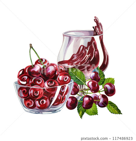 A glass of cherry juice and a cup with ripe and juicy cherry fruits. Hand-made watercolor illustration. For the design of labels, packaging and banners. For textiles, prints and stickers. For menus. A glass of cherry juice and a cup with ripe and juicy cherry fruits. Hand-made watercolor illustration. For the design of labels, packaging and banners. For textiles, prints and stickers. For menus. 117486923