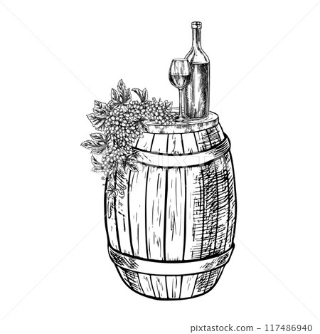 Wine still life. A bottle, a glass and a bunch of grapes on a wooden barrel. Vintage hand-made engraving. Black and white vector illustration. An element of the design of label, package, menu, banner. Wine still life. A bottle, a glass and a bunch of grapes on a wooden barrel. Vintage hand-made engraving. Black and white vector illustration. An element of the design of label, package, menu, banner. 117486940