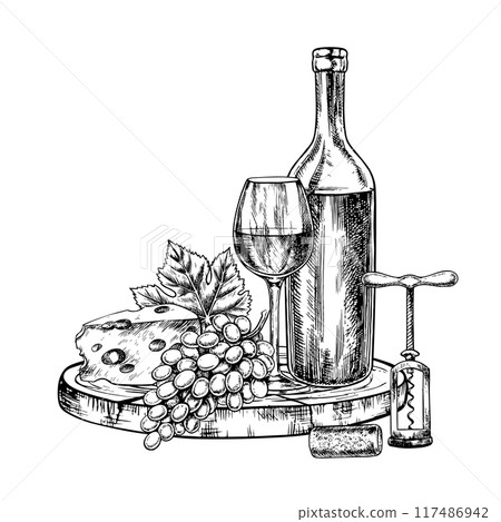 A bottle and a glass of wine with cheese and grapes. A graphic vector illustration drawn by hand. Isolate on a white background. For packages, labels. For banners and posters. For restaurants and bars 117486942