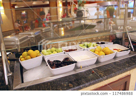 Fruit in dining room of resort. All inclusive during holidays. Five star rest Fruit in dining room of resort. All inclusive during holidays. Five star rest 117486988