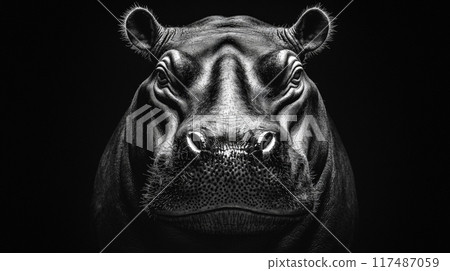 Dark black and white portrait of a frontal hippos head. Generative AI	 117487059