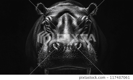Dark black and white portrait of a frontal hippos head. Generative AI	 117487061