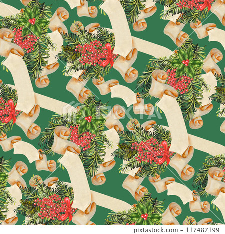 Seamless pattern of beige paper banner with Christmas green fir branches, holly berries. Watercolor botanical illustration isolated on green background. Vintage rolled up template for decorative text 117487199