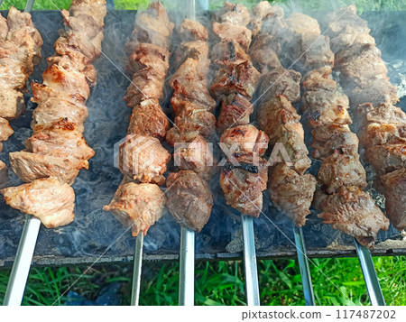 Cooked pork meat. Barbecue lunch. Appetizing shashlik on skewers on plate Cooked pork meat. Barbecue lunch. Appetizing shashlik on skewers on plate 117487202