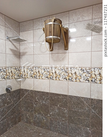 Interior of Finnish sauna, classic modern sauna. 117487231