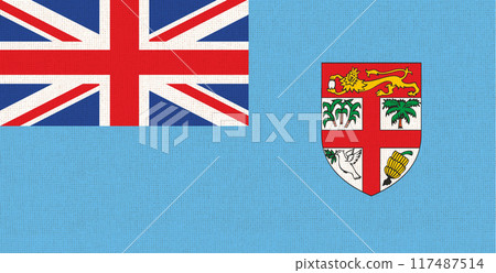 Flag of Fiji. Fiji flag on fabric surface. National symbol. Country in Oceania Flag of Fiji. Fiji flag on fabric surface. National symbol. Country in Oceania 117487514