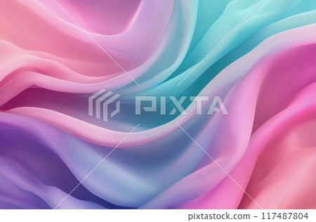 Soft, colorful silk fabric draping gracefully in a wave pattern under soft lighting 117487804