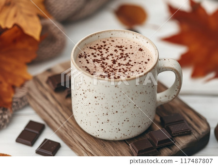 Warm cup of hot chocolate with chocolate squares on a wooden board surrounded by autumn leaves 117487807