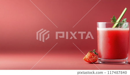 Refreshing tomato-based drink with celery garnish on a vibrant red background 117487840