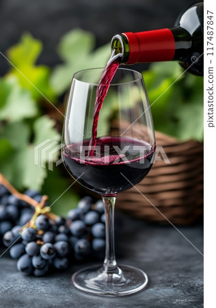 Pouring red wine into a glass with fresh grapes and greenery in the background 117487847