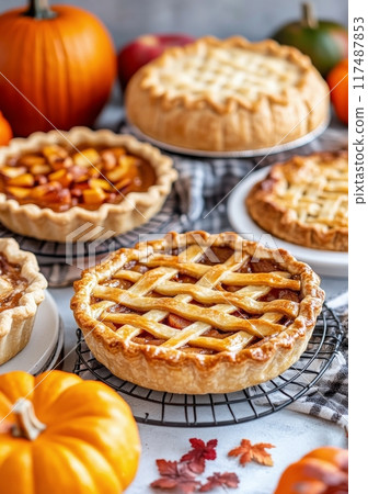 Delicious homemade pies and pumpkins displayed on a rustic table in autumn 117487853