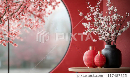 Cherry blossom branches with decorative vases in a modern red-themed interior 117487855