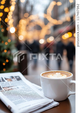 Cozy coffee cup on a table with a newspaper in a bustling city during a rainy day 117487862