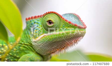 Close-up of a vibrant green lizard with detailed scales in studio lighting 117487880