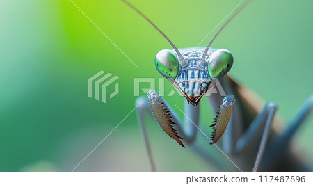 Close-up of a vibrant praying mantis perched on a green leaf in a garden Close-up of a vibrant praying mantis perched on a green leaf in a garden 117487896