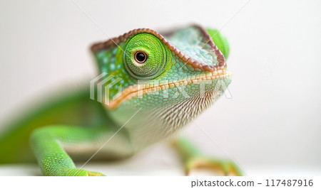Close-up of a vibrant green lizard with detailed scales in studio lighting 117487916