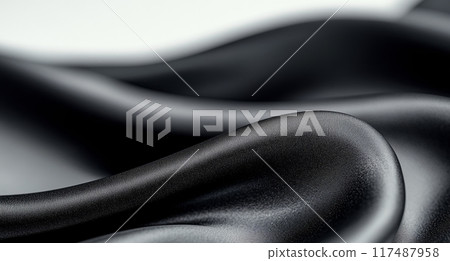 Smooth black fabric draping elegantly on a white surface 117487958