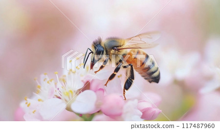 Honeybee collecting nectar from cherry blossoms in springtime sunlight 117487960