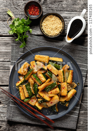 Japanese Hibachi Zucchini on a plate, top view Japanese Hibachi Zucchini on a plate, top view 117488165