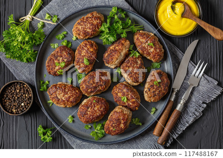 frikadeller, danish meatballs on a plate, top view frikadeller, danish meatballs on a plate, top view 117488167