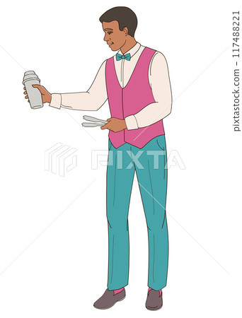 African American male bartender mixing cocktails in a shaker	 117488221