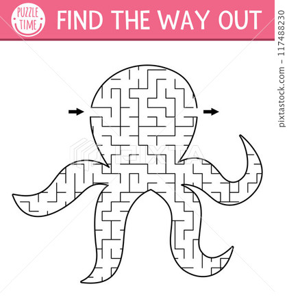 Under the sea or mermaid geometrical maze for kids. Ocean preschool printable activity. Octopus shaped labyrinth game. Simple underwater or sea life puzzle for children with water animal Under the sea or mermaid geometrical maze for kids. Ocean preschool printable activity. Octopus shaped labyrinth game. Simple underwater or sea life puzzle for children with water animal 117488230