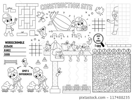 Vector construction site placemat for kids. Building works printable activity mat with maze, tic tac toe charts, connect the dots, find difference. Repair service black and white play mat, coloring Vector construction site placemat for kids. Building works printable activity mat with maze, tic tac toe charts, connect the dots, find difference. Repair service black and white play mat, coloring 117488235