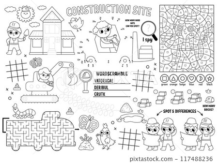 Vector construction site placemat for kids. Building works printable activity mat with maze, tic tac toe charts, connect the dots, find difference. Repair service black and white play mat, coloring Vector construction site placemat for kids. Building works printable activity mat with maze, tic tac toe charts, connect the dots, find difference. Repair service black and white play mat, coloring 117488236
