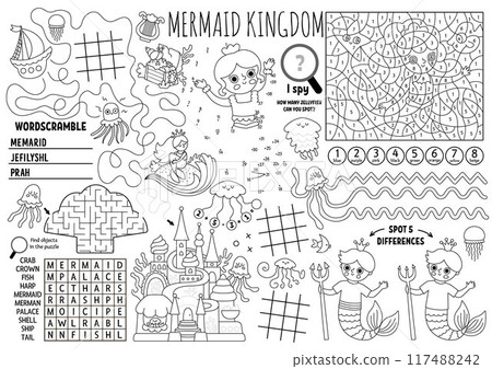 Vector mermaid placemat for kids. Ocean kingdom printable activity mat with maze, tic tac toe charts, connect the dots, find difference. Underwater princess black and white play mat, coloring page Vector mermaid placemat for kids. Ocean kingdom printable activity mat with maze, tic tac toe charts, connect the dots, find difference. Underwater princess black and white play mat, coloring page 117488242