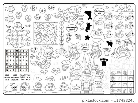 Vector mermaid black and white placemat. Ocean kingdom printable activity mat with maze, shadow match, find difference. Underwater coloring play mat, menu, kids magazine spreadsheet Vector mermaid black and white placemat. Ocean kingdom printable activity mat with maze, shadow match, find difference. Underwater coloring play mat, menu, kids magazine spreadsheet 117488243