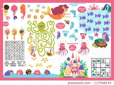 Vector mermaid placemat for children. Ocean kingdom printable activity mat with maze, word search puzzle, shadow match, find difference. Underwater play mat, menu, kids magazine spreadsheet Vector mermaid placemat for children. Ocean kingdom printable activity mat with maze, word search puzzle, shadow match, find difference. Underwater play mat, menu, kids magazine spreadsheet 117488244