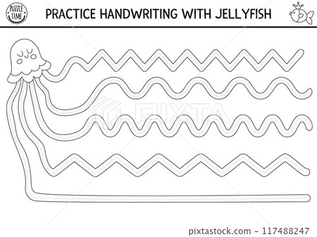 Vector handwriting practice worksheet with jellyfish and dashed line in tentacles. Ocean kingdom printable black and white activity for kids. Tracing game, coloring page for writing skills 117488247