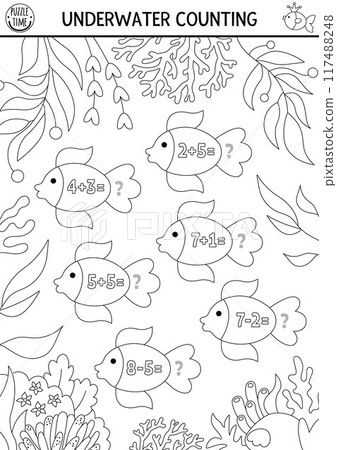 Simple match the numbers mermaid game with fish. Black and white fairytale ocean kingdom math activity or coloring page. Marine line educational counting worksheet with sea animals Simple match the numbers mermaid game with fish. Black and white fairytale ocean kingdom math activity or coloring page. Marine line educational counting worksheet with sea animals 117488248