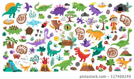 Vector dinosaur set. Cute prehistoric animal icons collection. Dino illustrations with Pterodactyl, Stegosaurus, Tyrannosaurus, Triceratops, T-Rex, paleontologist. Dino party elements for kids 117488249