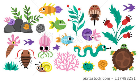 Vector ancient fish and marine creatures set. Cute prehistoric water animal icons collection. Dinosaur period illustrations with turtle, ammonite, nautilus. Giant bugs and beetles elements for kids Vector ancient fish and marine creatures set. Cute prehistoric water animal icons collection. Dinosaur period illustrations with turtle, ammonite, nautilus. Giant bugs and beetles elements for kids 117488251