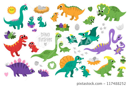 Vector dinosaur moms and babies set. Cute prehistoric animal icons collection. Dino mother and child illustrations. Parents and kids dinos with eggs, nest. Cute mothers day picture Vector dinosaur moms and babies set. Cute prehistoric animal icons collection. Dino mother and child illustrations. Parents and kids dinos with eggs, nest. Cute mothers day picture 117488252