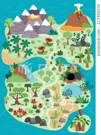 Vector empty ancient continent map. Dinosaur landscape illustration. Cute prehistoric scenery with mountains, forest, volcano. Funny detailed island scene with paths. Dino land picture for kids Vector empty ancient continent map. Dinosaur landscape illustration. Cute prehistoric scenery with mountains, forest, volcano. Funny detailed island scene with paths. Dino land picture for kids 117488258