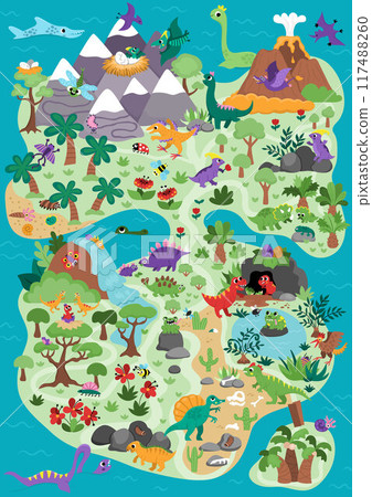 Vector ancient continent map. Dinosaur landscape illustration. Cute prehistoric scenery with mountains, forest, volcano, animals. Funny detailed island scene with paths. Dino land picture for kids Vector ancient continent map. Dinosaur landscape illustration. Cute prehistoric scenery with mountains, forest, volcano, animals. Funny detailed island scene with paths. Dino land picture for kids 117488260