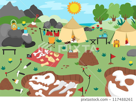 Vector paleontologists landscape illustration. Dinosaurs fossils and bones picture. Cute empty scene with prehistoric animal dig. Dino archaeologists camp scenery with tent, artefacts, tools 117488261