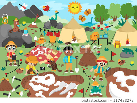 Vector landscape illustration with paleontologists digging dinosaurs fossils and bones. Cute scene with prehistoric animal scientist on the dig. Dino archaeologists camp scenery with funny animals Vector landscape illustration with paleontologists digging dinosaurs fossils and bones. Cute scene with prehistoric animal scientist on the dig. Dino archaeologists camp scenery with funny animals 117488272